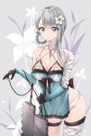  1girl bandage bare_shoulders black_gloves blue_dress blurry braid breasts cleavage closed_mouth cowboy_shot cuna_(qunya) depth_of_field detached_sleeves dress expressionless flower gloves grey_eyes groin hair_flower hair_ornament hair_rings highres holding holding_weapon kaine_(nier) large_breasts long_hair long_sleeves looking_at_viewer nier nier_(series) panties silver_hair solo standing thigh_strap thighs underwear weapon white_flower white_panties 
