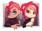  1boy 1girl blue_eyes chromatic_aberration closed_mouth coula_cat dark_skin dark_skinned_male long_hair long_sleeves looking_at_viewer mohawk octarian octoling parted_lips red_hair short_hair single_bare_shoulder single_sleeve splatoon splatoon_(series) splatoon_2 splatoon_2:_octo_expansion suction_cups tentacle_hair turtleneck upper_body yellow_eyes 