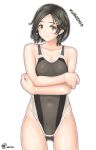  1girl absurdres artist_logo black_hair character_name competition_swimsuit covered_navel cowboy_shot crossed_arms embarrassed gluteal_fold grey_swimsuit hair_ornament hairclip highres kantai_collection kuroshio_(kantai_collection) looking_at_viewer notchi one-piece_swimsuit short_hair simple_background solo standing swimsuit white_background yellow_eyes 