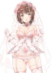  1girl agnamore bangs bare_shoulders blush breasts bridal_veil brown_eyes brown_hair commentary_request detached_sleeves eyebrows_visible_through_hair flower frilled_panties frills garter_straps gloves gluteal_fold hair_flower hair_ornament hands_up highres long_sleeves looking_at_viewer medium_breasts original panties parted_lips pink_flower pink_rose rose see-through short_hair simple_background skindentation solo strapless thighhighs underwear veil white_background white_gloves white_legwear white_panties white_sleeves 