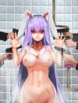  1girl animal_ears bangs blue_hair breasts bunny_ears collarbone commentary_request cowboy_shot groin gun hair_between_eyes handgun hands_up highres holding holding_gun holding_weapon indoors jubakurei large_breasts long_hair long_sleeves looking_at_viewer multicolored_hair navel nipples nude out-of-frame_censoring pipes pistol purple_hair red_eyes reisen_udongein_inaba solo_focus standing steam stitches stomach streaked_hair touhou valve very_long_hair weapon 