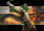  2019 anthro butt clothing digital_media_(artwork) dinosaur explosion gun hi_res holding_object horsen looking_at_viewer male mario_bros nintendo ranged_weapon reptile scalie solo standing video_games weapon yoshi 