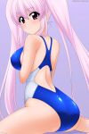  1girl absurdres ass blue_swimsuit breasts competition_swimsuit from_behind grey_background highres large_breasts long_hair looking_at_viewer one-piece_swimsuit original pink_hair purple_eyes simple_background sitting smile solo sugimura_tomokazu swimsuit twintails wariza 