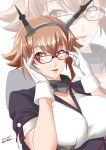  1girl 2019 adjusting_eyewear artist_name bespectacled black_capelet blush breasts brown_hair capelet collar collarbone dated flipped_hair glasses gloves green_eyes headgear highres kantai_collection kiriki_haruomi large_breasts looking_at_viewer metal_collar mutsu_(kantai_collection) parted_lips pink_lips remodel_(kantai_collection) short_hair solo white_background white_gloves zoom_layer 