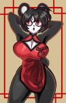  2019 anthro big_breasts black_fur black_hair breasts chinese_clothing chinese_dress cleavage clothed clothing digital_media_(artwork) dress female fur giant_panda hair hands_behind_head hi_res ju mammal multicolored_fur n0nrealist open_mouth pose raised_arm red_eyes short_hair simple_background solo standing thick_thighs two_tone_fur ursid white_fur 