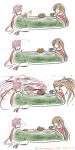  ... 2girls 4koma afterimage ahoge artist_name bangs beret blonde_hair blue_hair bowl comic commentary_request eating food fruit gradient_hair hair_ribbon harusame_(kantai_collection) hat highres holding kantai_collection kotatsu long_hair mandarin_orange messy_hair multicolored_hair multiple_girls murasame_(kantai_collection) pink_hair reaching_out ribbon shanghmely side_ponytail sitting swept_bangs table twintails very_long_hair 