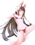  1girl animal_ear_fluff animal_ears armpit_crease armpits azur_lane bangs black_hair blunt_bangs bra cameltoe commentary_request feet flat_chest fox_ears fox_mask highres honya_(maho_a) light_smile lingerie long_hair looking_at_viewer mask mask_on_head nagato_(azur_lane) navel panties red_bra red_panties ribbon side-tie_panties solo straight_hair underwear very_long_hair yellow_eyes 