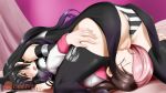  2girls 69 alfred_cullado black_bow black_hair black_legwear blake_belladonna bow brown_hair censored cunnilingus gradient_hair hair_bow highres long_hair mosaic_censoring multicolored_hair multiple_girls neo_(rwby) open_mouth oral panties panties_aside patreon_logo pink_hair print_legwear purple_hair pussy rwby striped striped_panties striped_sleeves thighhighs two-tone_hair underwear very_long_hair watermark yellow_eyes yuri 