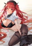  1girl azur_lane between_legs black_bra blush bra breasts choker cleavage commentary_request hair_ribbon hand_between_legs hat honolulu_(azur_lane) kurot large_breasts lifted_by_self long_hair lying no_panties pantyhose red_eyes red_hair ribbon school_uniform serafuku shirt_lift short_sleeves skirt skirt_around_one_leg solo sweat thighband_pantyhose twintails underwear very_long_hair 