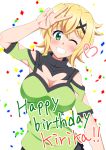  1girl akatsuki_kirika birthday blonde_hair blush breasts character_name cleavage cleavage_cutout commentary_request confetti english_text eyebrows_visible_through_hair green_eyes green_shirt hair_between_eyes hair_ornament happy_birthday heart highres looking_at_viewer medium_breasts one_eye_closed parted_lips senki_zesshou_symphogear shiny shiny_hair shiny_skin shirt short_hair short_sleeves smile sukeberosu teeth upper_body v x_hair_ornament 