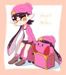  +_+ 1girl :o aori_(splatoon) beanie black_hair brown_footwear brown_shorts character_name company_connection copy_ability coula_cat gradient_hair hat hat_ornament highres hood hood_down hooded_jacket jacket kirby kirby_(series) long_hair long_sleeves luggage mole mole_under_eye multicolored_hair nintendo open_clothes open_jacket open_mouth orange_eyes pink_hair pink_headwear pink_jacket pointy_ears shirt shoes shorts splatoon splatoon_(series) splatoon_2 star symbol-shaped_pupils tentacle_hair two-tone_hair very_long_hair white_shirt 