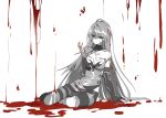  1girl blood blood_drip bloody_queen_(elsword) elesis_(elsword) elsword empty_eyes eyebrows_visible_through_hair greyscale highres long_hair monochrome partially_colored sitting sketch smile tattoo veca 