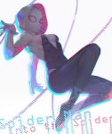  1girl black_bodysuit bodysuit breasts copyright_name covered_navel facing_viewer hand_up highres lino_chang mask medium_breasts midair outstretched_arm simple_background skin_tight solo spider-gwen spider-man:_into_the_spider-verse spider-man_(series) spider_web_print string white_background 