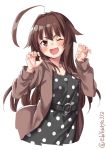  1girl belt black_belt black_dress blush brown_eyes brown_hair brown_jacket dress ebifurya eyebrows_visible_through_hair highres jacket kantai_collection kuma_(kantai_collection) long_hair long_sleeves one_eye_closed open_mouth paw_pose remodel_(kantai_collection) simple_background solo white_background 