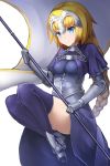  1girl armor armored_dress banner blonde_hair blue_dress blue_eyes blue_legwear braid braided_ponytail breasts breasts_apart dress eyebrows_visible_through_hair fate/apocrypha fate_(series) full_body gauntlets highres holding jeanne_d&#039;arc_(fate) jeanne_d&#039;arc_(fate)_(all) kuronosu_(yamada1230) long_hair looking_at_viewer medium_breasts single_braid smile solo thighhighs very_long_hair white_background zettai_ryouiki 