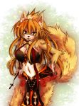  2013 anthro breasts brown_fur canid canine chest_tuft cleavage clothed clothing crown female fluffy fluffy_tail fur hair hand_on_hip inner_ear_fluff looking_at_viewer mammal navel open_mouth orange_hair satawahaha solo standing tiara tuft white_fur yellow_eyes 