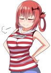  1girl breasts eyes_closed gabriel_dropout hair_between_eyes hair_ornament hands_on_hips highres kurumizawa_satanichia_mcdowell large_breasts red_hair red_shirt shirt short_hair sidelocks simple_background solo striped striped_shirt the_only_shoe white_background 