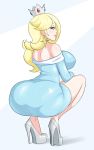  1girl ass back bare_shoulders blonde_hair blue_background blue_dress blue_eyes breasts closed_mouth crown dress earrings from_behind full_body half-closed_eyes high_heels highres huge_ass jewelry large_breasts lips long_hair long_sleeves looking_at_viewer mario_(series) nintendo pantylines rosalina sealguy solo squatting two-tone_background white_background 