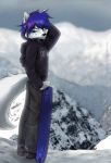  2019 abluedeer anthro arctic_fox biped black_nose blue_eyes blue_hair camo_pants canid canine clothed clothing detailed_background digital_media_(artwork) eyebrows eyebrows_visible_through_hair fluffy fluffy_tail footwear fox fully_clothed fur hair hand_behind_head hi_res jacket looking_at_viewer looking_back male mammal mountain outside pants rear_view shoes short_hair snow snowboard solo url white_fur white_tail 