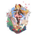  alternate_costume black_cat blonde_hair blue_eyes blue_sky bow bowtie cat dragalia_lost earrings ezelith fang flower jewelry non-web_source official_art one_eye_closed petals rose rose_petals saitou_naoki sky thighhighs white_cat zettai_ryouiki 