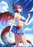  1girl absurdres bandage bandaged_arm bandages bikini blue_bikini blue_sky breasts c_(pixiv3064042) choker closed_mouth cloud day dragon_girl dragon_horns dragon_tail dragon_wings flower granblue_fantasy grea_(shingeki_no_bahamut) highres horns large_breasts looking_at_viewer medium_breasts partially_submerged pointy_ears purple_hair red_eyes shingeki_no_bahamut short_hair sideboob sky solo standing sunlight swimsuit tail water wet white_choker wings 