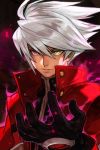 1boy aura blazblue gloves green_eyes hair_between_eyes hankuri heterochromia jacket looking_at_viewer male_focus open_clothes open_jacket ragna_the_bloodedge red_eyes red_jacket serious short_hair silver_hair solo upper_body 