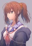  1girl angel_beats! black_jacket blue_sailor_collar brown_eyes brown_hair commentary_request cover cover_page doujin_cover earphones hair_between_eyes hisako_(angel_beats!) jacket long_hair looking_to_the_side nakamura_hinato neckerchief ponytail red_neckwear sailor_collar school_uniform serafuku shinda_sekai_sensen_uniform solo upper_body 