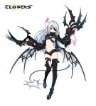  1girl ass blue_eyes boots breasts cleavage closers demon_girl demon_tail eyepatch full_body gloves grin highres horno leg_up long_hair midriff official_art partly_fingerless_gloves sideboob silver_hair smile solo succubus tail thigh_strap transparent_background underboob very_long_ha 