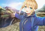  1girl aqua_eyes artoria_pendragon_(all) backpack bag blonde_hair blue_jacket blue_sky blurry braid cloud cobblestone commentary_request depth_of_field eyebrows_visible_through_hair fate_(series) french_braid hair_between_eyes hood hood_down hooded_jacket jacket kongbai lens_flare looking_at_viewer mountain open_mouth outstretched_arms rainbow saber scenery self_shot sidelocks sky solo spread_arms standing stone_walkway thermos upper_body upper_teeth vacation water waterfall 