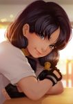  1girl artist_name black_gloves black_hair blue_eyes blue_hair blurry blurry_background commentary cutout dragon_ball face fingerless_gloves gloves highres looking_at_viewer magion02 medium_hair shirt sidelocks smile solo twintails videl white_shirt 