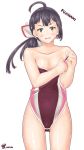  1girl absurdres ahoge asymmetrical_bangs bangs bare_shoulders black_hair brown_swimsuit character_name collarbone competition_swimsuit cowboy_shot flat_chest fujinami_(kantai_collection) gluteal_fold hair_ribbon highres kantai_collection long_hair looking_at_viewer notchi one-piece_swimsuit ribbon side_ponytail simple_background solo surprised swimsuit swimsuit_pull white_background white_ribbon yellow_eyes 