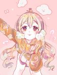  1girl blonde_hair check_copyright cloud commentary_request flower flower_on_head hanataro_(sruvhqkehy1zied) heart heart-shaped_pupils leaning_forward long_hair long_sleeves looking_at_viewer orange_eyes original pink_background pink_flower solo symbol-shaped_pupils tongue tongue_out valentine very_long_hair 