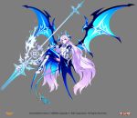  1girl blue_bow blue_eyes blue_footwear blue_legwear boots bow closed_mouth detached_sleeves elsword floating full_body highres horns hwansang knee_boots legs_crossed long_hair looking_away luciela_r._sourcream magic noblesse_(elsword) official_art pointy_ears smile solo tail thighhighs tiara twintails white_hair 