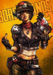  absurdres borderlands borderlands_3 helmet highres middle_finger midriff monori_rogue moze nail_polish shoulder_pads 