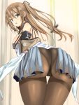  1girl artist_request ass bare_shoulders blush breasts brown_hair from_behind girls_frontline green_eyes highres huge_ass k2_(girls_frontline) large_breasts leaning leaning_forward long_hair looking_at_viewer looking_back open_mouth panties panties_under_pantyhose pantyhose shiny shiny_hair shiny_skin showgirl_skirt sideboob skirt solo twintails underwear wide_hips 