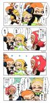  1boy 2girls black_shirt blonde_hair blush blush_stickers dark_skin denchinamazu domino_mask earmuffs fangs headgear highres inkling makeup mascara mask medium_hair multiple_girls octarian octoling orange_eyes orange_hair pointy_ears red_hair shirt short_eyebrows shorts single_sleeve splatoon splatoon_(series) splatoon_2 splatoon_2:_octo_expansion squid squidbeak_splatoon suction_cups tentacle_hair tona_bnkz translation_request vest yellow_coat yellow_vest 