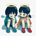  2girls angel_wings aqua_footwear aqua_shirt bandaid bangs black_eyes black_hair child halo highres knees_up long_sleeves multiple_girls nyr50ml orange_shirt original pointing red_footwear shadow shirt shoes short_hair shorts sitting skirt socks twintails white_legwear wings 