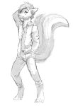  2019 anthro barefoot big_tail biped black_and_white blep clothed clothing digital_drawing_(artwork) digital_media_(artwork) digitigrade feve front_view full-length_portrait fully_clothed hand_behind_head hi_res jasper_(autumn_skunk) long_tail looking_at_viewer male mammal mephitid monochrome open_shirt pants pendant portrait shirt simple_background sketch skunk solo standing toes tongue tongue_out white_background 