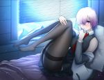  1girl absurdres bare_shoulders black_legwear blinds blush breasts fate/grand_order fate_(series) finger_to_mouth hair_over_one_eye highres large_breasts legs_up mash_kyrielight mountain necktie off_shoulder pantyhose pillow purple_eyes purple_hair red_neckwear short_hair skirt smile snow solo thighband_pantyhose twit_eg0 vest 