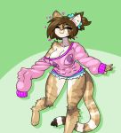  2019 80&#039;s_theme anthro big_breasts breasts cleavage clothed clothing digital_media_(artwork) domestic_cat felid feline felis female fur hair helia_peppercats_(wrinklynewt) hi_res huge_breasts jeans limebreaker mammal oversized_hoodie pants shorts smile solo standing sweater 