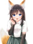  1girl animal_ears arm_warmers asashio_(kantai_collection) black_hair blue_eyes comiching commentary_request cowboy_shot eyebrows_visible_through_hair fox_ears fox_tail highres kantai_collection kemonomimi_mode long_hair looking_at_viewer open_mouth pleated_skirt school_uniform shirt short_sleeves simple_background skirt smile solo standing suspender_skirt suspenders tail white_background white_shirt 