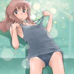  1girl blush brown_eyes brown_hair commentary_request looking_at_viewer lowres medium_hair mizu_kane ogino_chihiro open_mouth ponytail school_swimsuit sen_to_chihiro_no_kamikakushi solo studio_ghibli swimsuit 