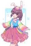  1girl alternate_costume alternate_hairstyle animal_ears bangs blush braid brown_eyes brown_hair bunny_ears cowboy_shot d.va_(overwatch) ennn eyebrows_visible_through_hair facial_mark hair_ornament hanbok hat highres korean_clothes long_hair long_sleeves looking_at_viewer open_mouth outstretched_arms overwatch palanquin_d.va pink_skirt skirt small_hands smile solo sparkle striped_sleeves tassel whisker_markings white_background 