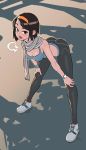  1girl apple_watch ass bangs bent_over black_hair blush bob_cut breasts brown_eyes brown_legwear character_request cleavage copyright_request downblouse dusk exercise full_body hairband hand_on_own_knee heavy_breathing highres legs long_legs looking_at_viewer medium_breasts midriff nisetanaka open_mouth orange_hairband pants scarf shoes sneakers socks solo sports_bra striped striped_scarf sweat swept_bangs watch wristband wristwatch yoga_pants 