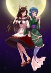  2018 2girls :d ;d animal_ears apron artist_name blue_background blue_eyes blue_hair brown_hair dated floating_hair frilled_apron frilled_kimono frills full_moon geta green_kimono hand_holding highres imaizumi_kagerou interlocked_fingers japanese_clothes kimono long_hair long_sleeves looking_at_viewer medium_skirt mikmix moon multiple_girls nail_polish off-shoulder_shirt off_shoulder one_eye_closed open_mouth red_eyes red_nails red_skirt shirt short_hair skirt smile touhou very_long_hair waist_apron wakasagihime white_apron white_shirt wolf_ears 