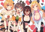  4girls belt bending_forward black_hair blue_eyes blush breasts brown_hair cleavage collarbone commentary_request covering covering_crotch demon_tail embarrassed garter_belt glasses groin hololive horns labcoat large_breasts long_hair multiple_girls natsuiro_matsuri navel no_panties one_eye_closed pantyhose pointy_ears ribbon roboco-san roboco_ch. side_ponytail tail thighhighs tonari_no_kai_keruberosu virtual_youtuber yozora_mel yuzuki_choco 