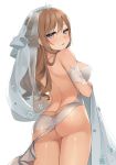  1girl ass back bangs blue_eyes blush breasts bridal_veil canape_(canape0130) damaged dress eyebrows_visible_through_hair from_behind girls_frontline hair_between_eyes large_breasts long_hair looking_at_viewer looking_back open_mouth sidelocks snowflakes solo suomi_kp31_(girls_frontline) tiara torn_clothes veil white_dress 