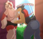  2019 alley breasts butt canid canine clothing collar detailed_background duo female female/female fingering lycanroc mammal midnight_lycanroc nintendo nipple_suck nipples outside pok&eacute;mon pok&eacute;mon_(species) semi_public shirt slightly_chubby smile standing sucking tattoorexy topwear typhlosion video_games 