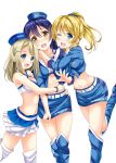  3girls ayase_arisa ayase_eli bangs blonde_hair blue_eyes blue_hair blue_scrunchie blue_skirt blush boots earrings eyebrows_visible_through_hair hair_between_eyes hair_ornament hairclip hand_on_another&#039;s_hip hand_on_another&#039;s_shoulder hat highres hino_minato_(spec.c) hug jewelry leg_up long_hair looking_at_viewer love_live! love_live!_school_idol_project midriff multiple_girls navel non-web_source one_eye_closed open_mouth ponytail sandwiched scan scrunchie simple_background skirt skirt_tug sonoda_umi thigh_boots thighhighs white_background yellow_eyes 