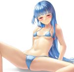  1girl 3: bangs bare_shoulders bikini blue_bikini blue_hair blush breasts closed_mouth collarbone eyebrows_visible_through_hair furrowed_eyebrows kotonoha_aoi kurione_(zassou) long_hair navel one_side_up red_eyes shadow sitting small_breasts solo spread_legs straight_hair swimsuit thighs underboob very_long_hair voiceroid 